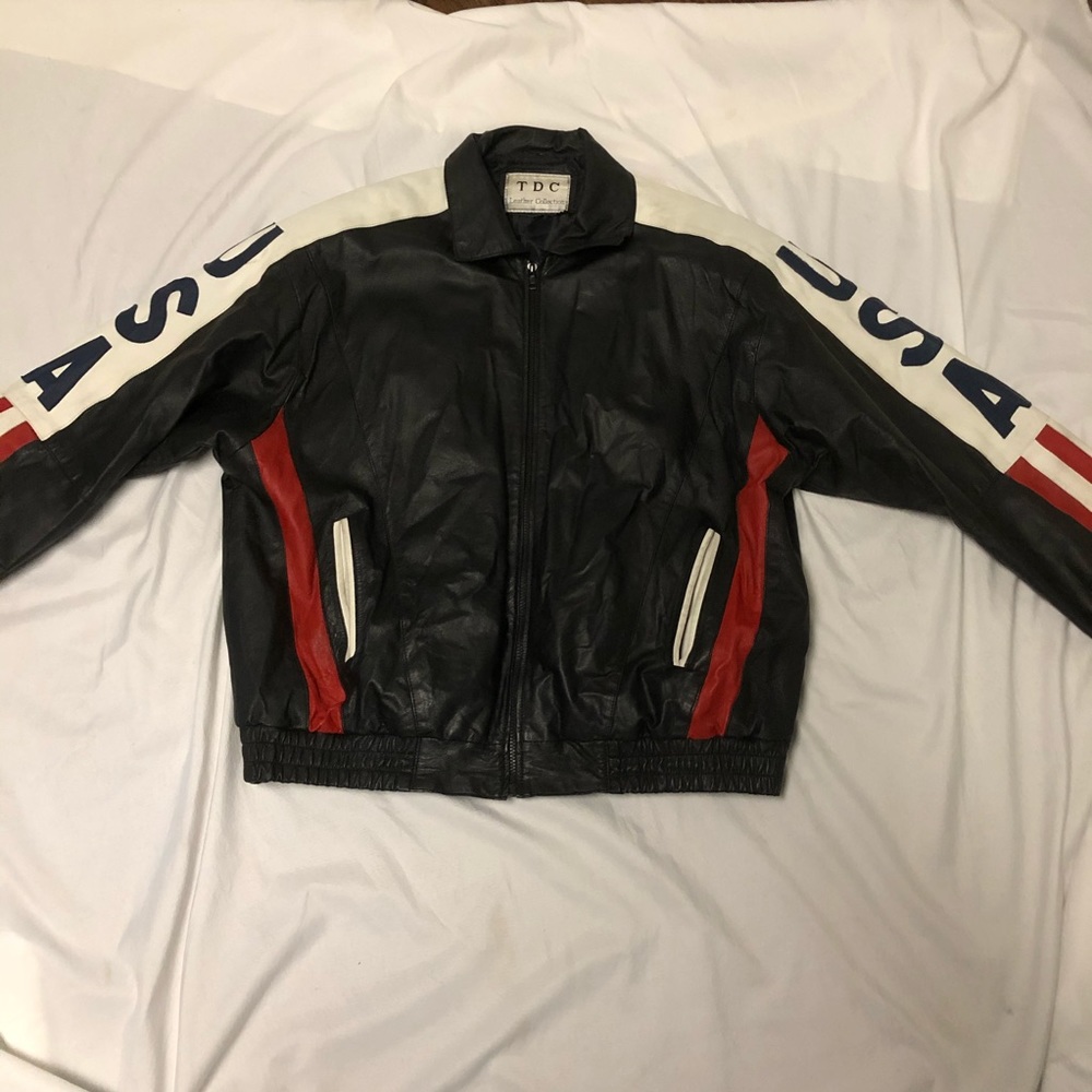 Leather Men’s Black  Bomber Jacket with USA Flag
